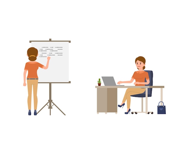 Jonge vrouw schrijven op whiteboard zittend aan het bureau stripfiguur