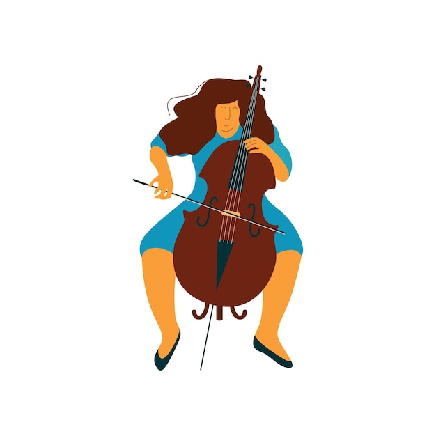 Vector jonge vrouw speelt cello vrouwelijke cellist musicain speelt klassieke muziek vectorillustratie op witte achtergrond