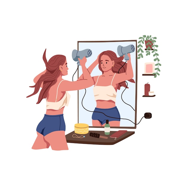 Jonge vrouw styling haar haar met föhn blazen na het douchen Dagelijkse schoonheidsroutine voor spiegel thuis Vrouw maken kapsel platte vectorillustratie geïsoleerd op witte achtergrond