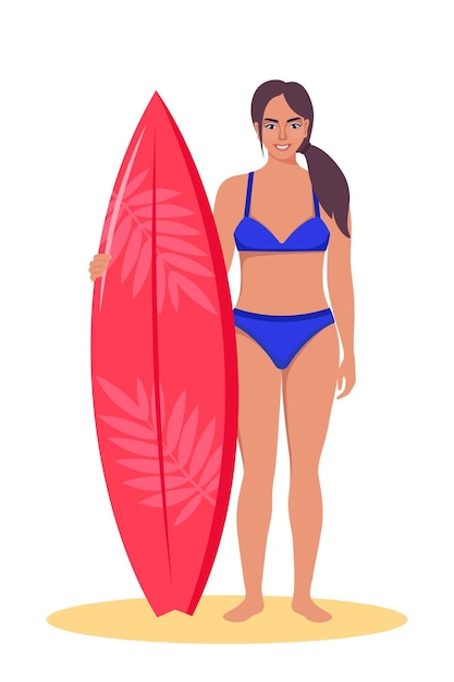 Jonge vrouw surfer met surfplank staande op het strand Lachende surfer girl vectorillustratie