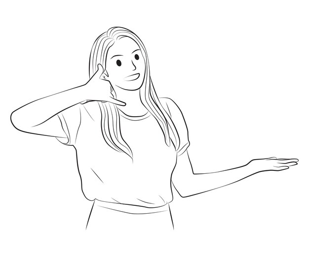 Vector jonge vrouw toont telefoongesprek pose karakter cartoon illustratie