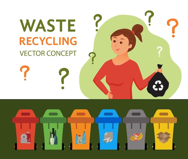 Jonge vrouw vuilnis gooien in containers vectorillustratie. afvalbeheerconcept met milieuvriendelijk meisje dat plastic in verschillende tanks sorteert. ecologische infographic voor save the earth-ontwerp