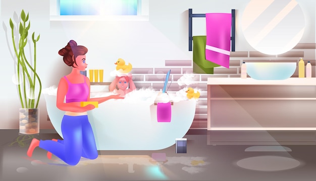 Jonge vrouw wassen dochtertje in bad badkamer interieur horizontale volledige lengte
