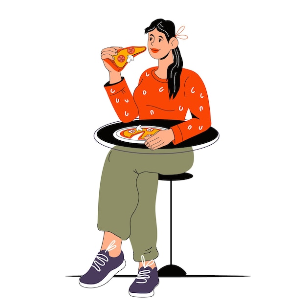 Vector jonge vrouw zit aan de tafel en eet pizza cartoon vectorillustratie geïsoleerd