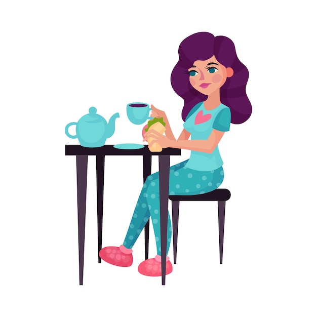 Jonge vrouw zit aan tafel en eet ontbijt Vector illustratie