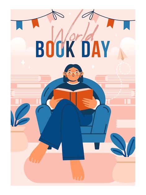 Jonge vrouw zit in een fauteuil met een open boek in haar handen Leuke banner sjabloon met lezende vrouw