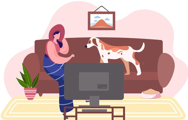 Jonge vrouw zit met haar hond op de bank in de woonkamer met tv-kast die thuis rust
