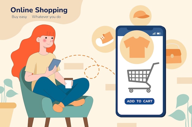 Jonge vrouw zit op een gezellige bank met een smartphone en koopt modekleding concept van Online Shopping Home delivery