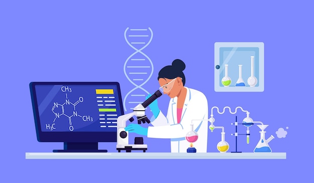 Jonge vrouwelijke wetenschapper die door een microscoop kijkt in een laboratorium dat chemisch onderzoek doet