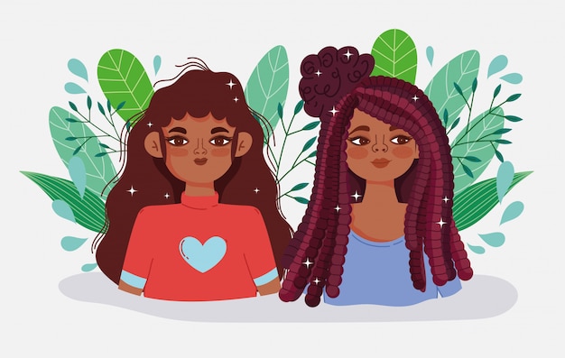 Jonge vrouwen Afro-Amerikaanse karakters verlaat de natuur cartoon vectorillustratie