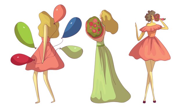 Jonge vrouwen met boeketten bloemen en een bos ballonnen Vector Set