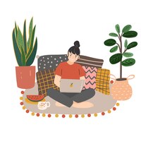 Jonge vrouwenzitting op de vloer en thuis het werken met laptop. moderne platte illustratie