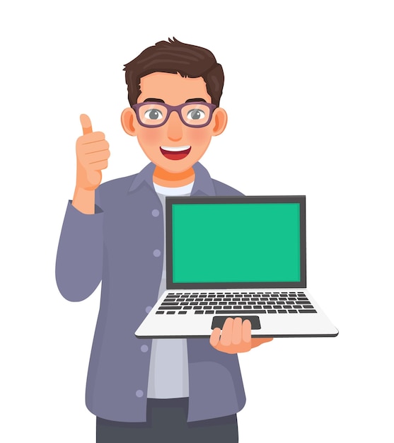Jonge zakenman met een bril die een laptop vasthoudt met een leeg scherm voor het kopiëren van ruimte met duim omhoog
