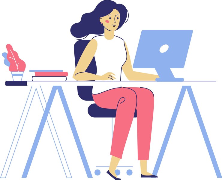 Vector jonge zakenvrouw zittend aan een bureau in kantoor. chatten in messenger