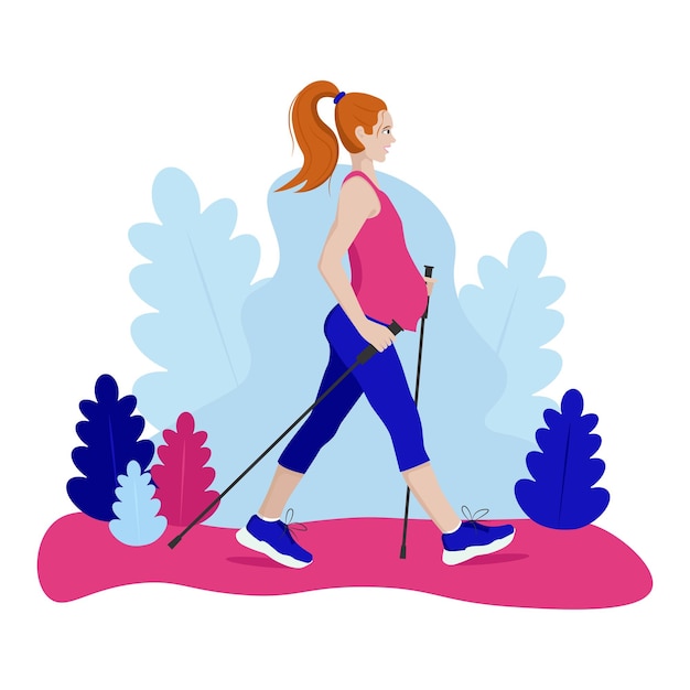 Jonge zwangere Europese vrouw oefent nordic walking in park