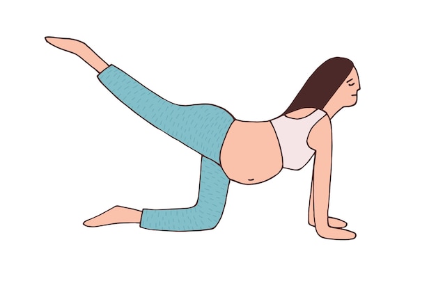 Jonge zwangere vrouw die terugslagoefening doet tijdens zwangerschapstraining. Pilates van gezonde gelukkige moeder met buik. Kattenkoe pose met één beenantenne. Platte vectorillustratie geïsoleerd op een witte achtergrond