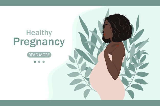 Jonge zwangere vrouw op achtergrond met bladeren en tekst Gezonde zwangerschap Web resource