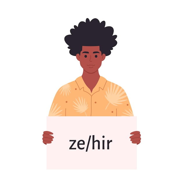 Jonge zwarte man met bord met geslachtsvoornaamwoord. Zij, hij, zij, niet-binair. Genderneutrale beweging