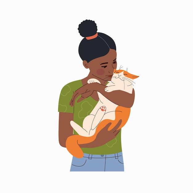Jonge zwarte vrouw houdt en knuffelt de kat vectorillustratie vlakke stijl cartoon