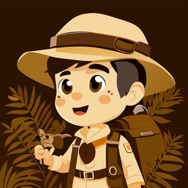 Jongen archeoloog uniform boer scout zookeeper met de hand getekende platte stijlvolle cartoon sticker icoon