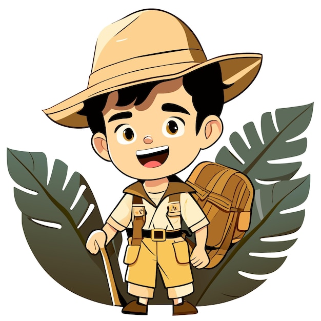 Jongen archeoloog uniform boer scout zookeeper met de hand getekende platte stijlvolle cartoon sticker icoon