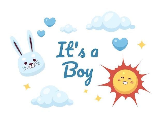 Jongen baby shower ecard wenskaart ontwerp zonnige wolken kleurrijke vlakke afbeelding witte achtergrond Kid pasgeboren schattig konijn dromerige hemel 2D cartoon vector afbeelding gebeurtenis speciale gelegenheid briefkaart