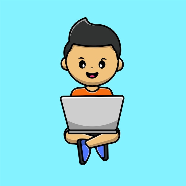 Jongen bezig met laptop cartoon vector pictogram illustratie