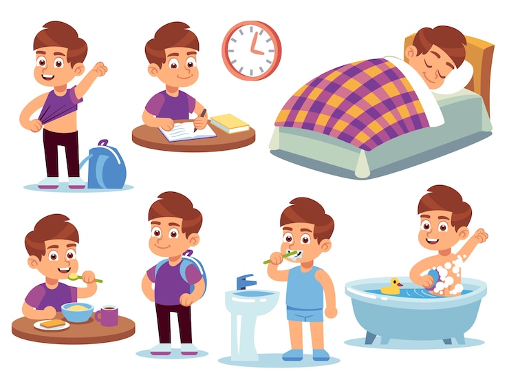 Vector jongen dagelijkse activiteiten. klein kind slaapt in bed, wordt wakker en neemt een bad, maakt huiswerk en eet op school. routine actief eten zittend gelukkig opruimen cartoon set
