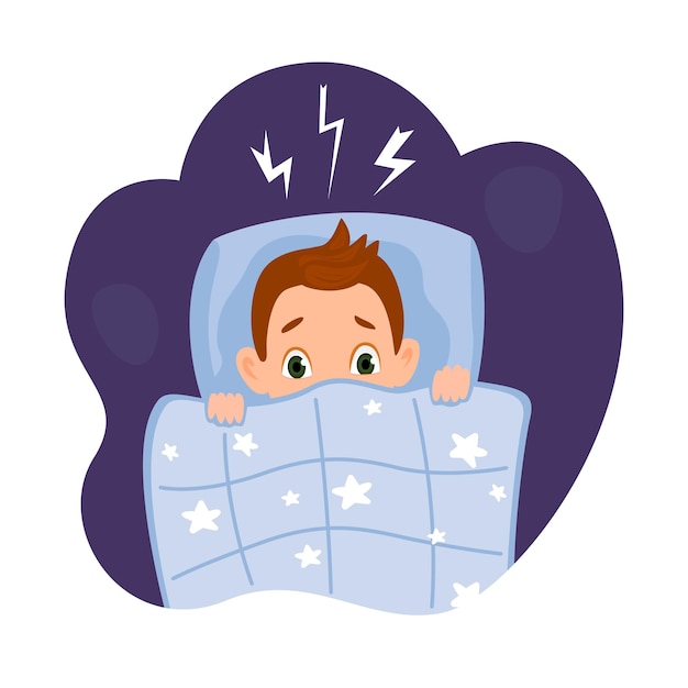 Jongen die deken trekt en bang mannelijk personage lijdt aan slapeloosheid vanwege slechte dromen en nachtmerries