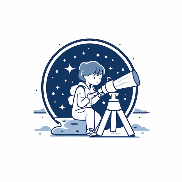 Jongen die door een telescoop kijkt Astronomie en astronomie concept Vector illustratie