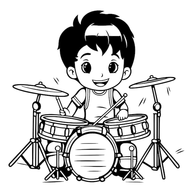 Jongen die drums speelt Zwart-wit cartoon illustratie vector