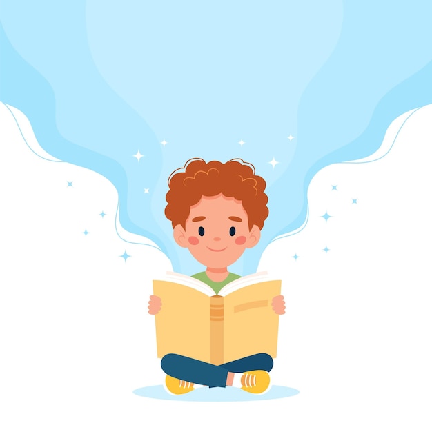 Jongen die een boek leest. Leuk vectorillustratieconcept in cartoonstijl