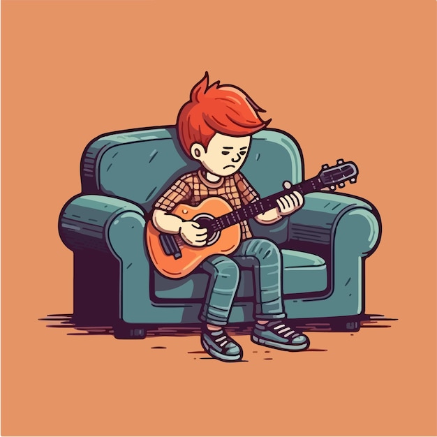Jongen die een gitaar speelt zittend in een stoel.