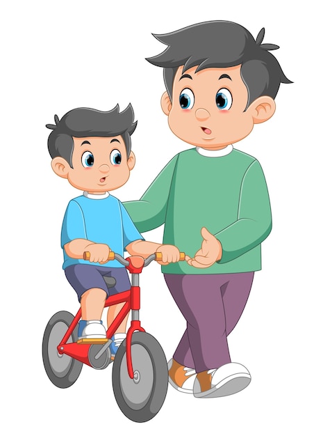 Vector jongen die met zijn vader leert fietsen