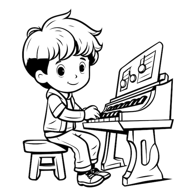 Jongen die piano speelt Zwart-wit cartoon illustratie geïsoleerd op witte achtergrond