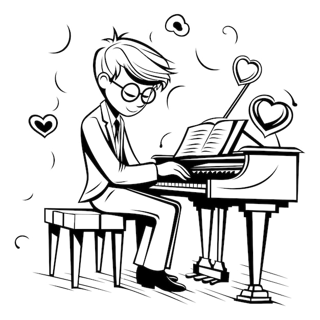 Jongen die piano speelt zwart-wit vectorillustratie voor kleurboek