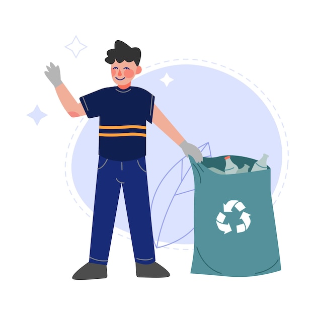 Jongen die plastic flessen in vuilniszakken verzamelt Tiener die vuilnis ophaalt voor recycling Vector illustratie