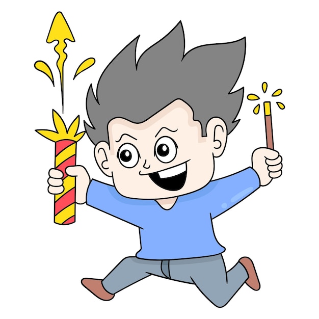 Jongen die rondrent met vuurwerk en vuurwerk viert het nieuwe jaar doodle pictogram afbeelding kawaii