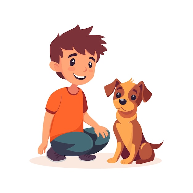 Jongen en hond mooie stripfiguur vectorillustratie geïsoleerd op een witte achtergrond