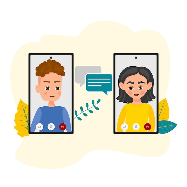 Vector jongen en meisje communiceren via een videogesprek op een smartphone, platte vectorillustratie