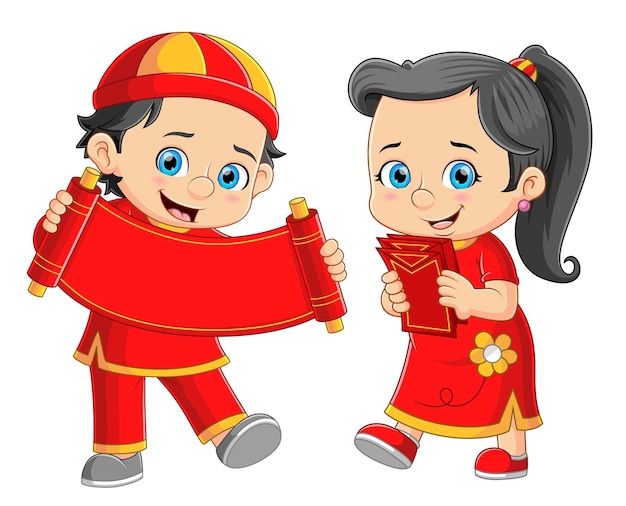 Vector jongen en meisje die chinees nieuwjaar vieren