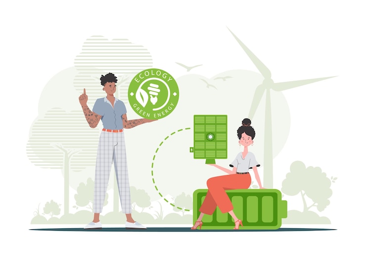 Vector jongen en meisje en zonnepaneel eco energieconcept vectorillustratie