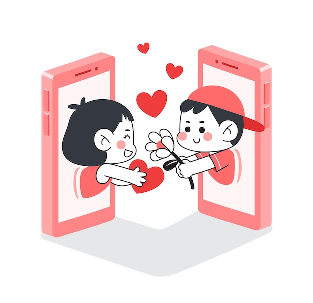 jongen en meisje geven elkaar bloem en hart door online dating op mobiele telefoon
