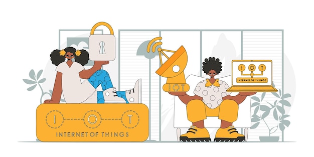 Jongen en meisje in IoT zijn een team, moderne vectorstijlkarakters.