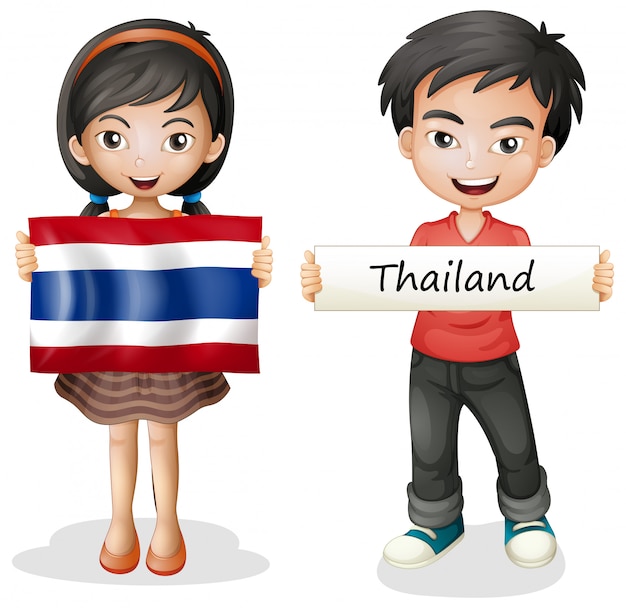 Jongen en meisje met vlag van thailand