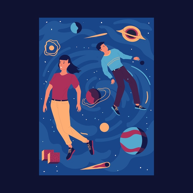 Jongen en meisje zonder zwaartekracht Vrijheidsconcept Cartoon mensen in de ruimte Kosmosverkenning Galaxy ontdekking Schattig paar vliegen met planeten en sterren Kosmisch avontuur Vector ruimtevaarders reis