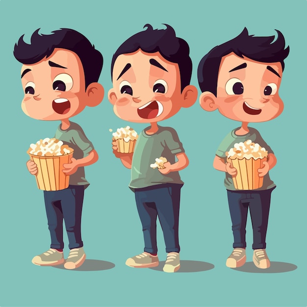 Jongen genieten van popcorn cartoon illustratie kind multipose