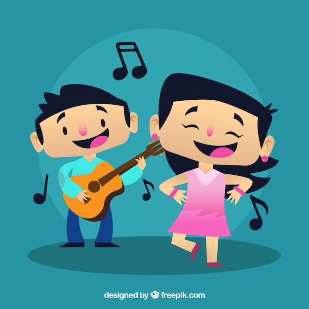 Jongen het spelen van een gitaar en een meisje dansen een lied