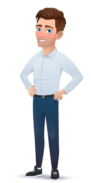 Vector jongen in een cartoon-stijl, geïsoleerd op een witte achtergrond. glimlachende man, kantoormedewerker, zakenman, stripfiguur. vector illustratie