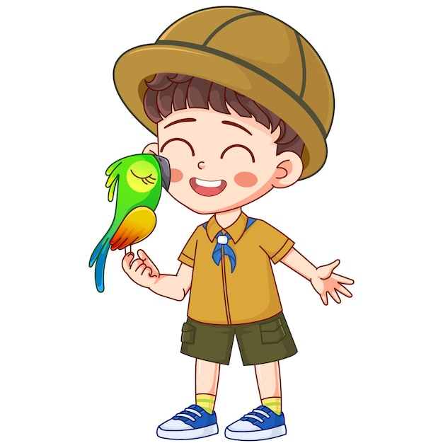 Jongen in een hoed met een papegaai op zijn hand